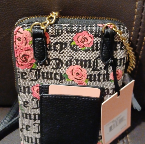 JUICY COUTURE CELLIE PINK BLOOM BLACK FORGET ME NOT CROSSBODY ID BAG - Picture 8 of 11